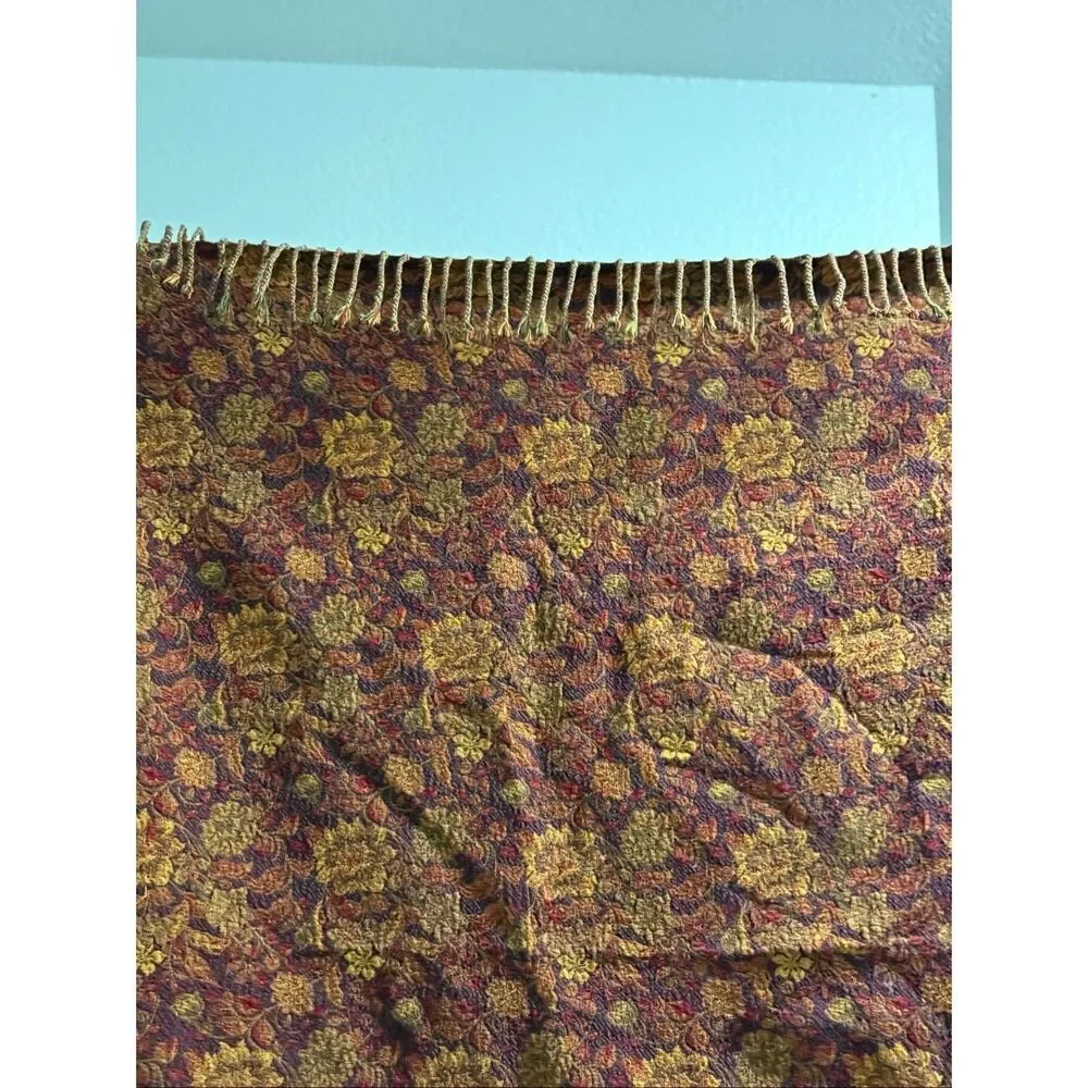 Crate and Barrel Tapestry Tablecloth 126” X66” Warm Fall Floral Colors W/ Fringe